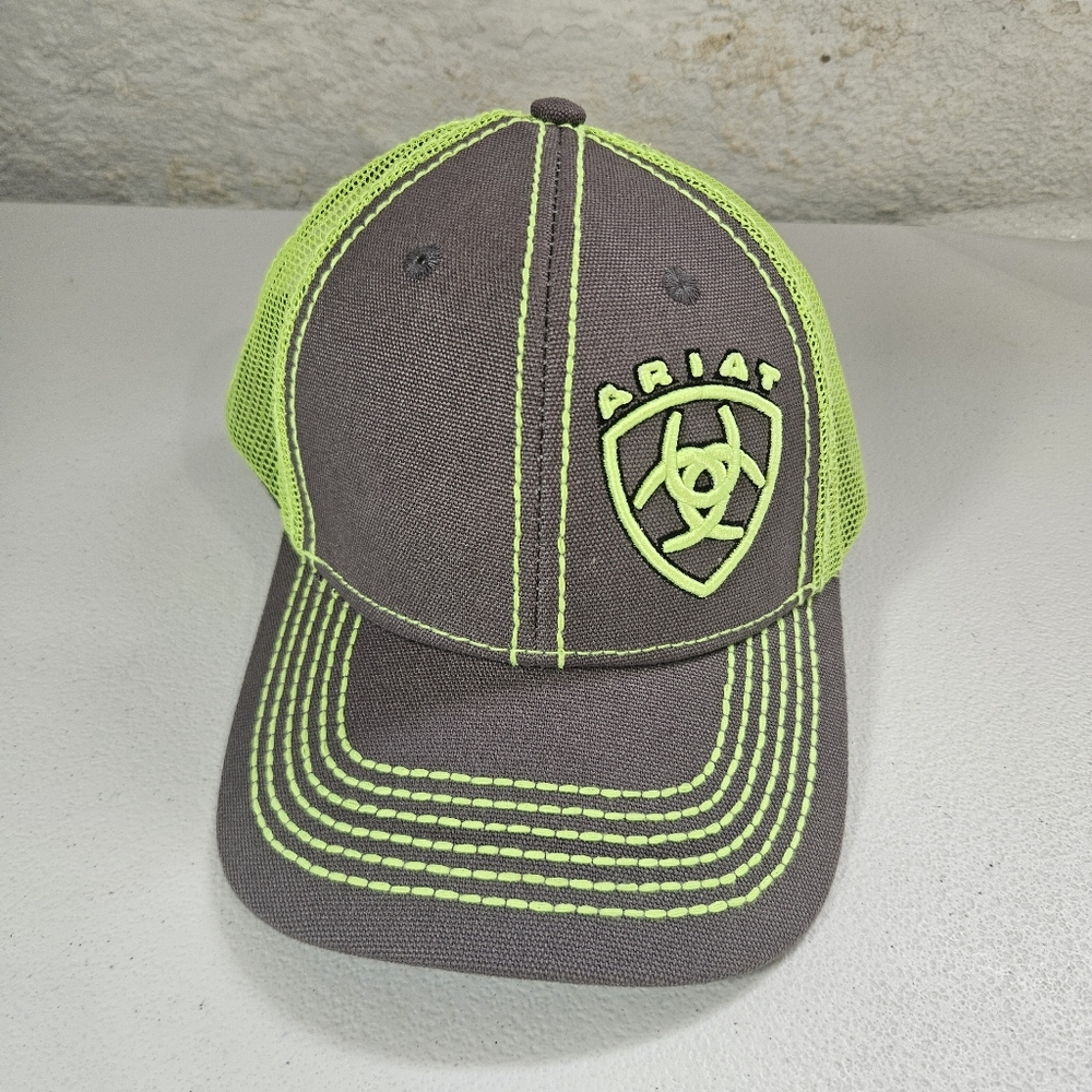 Ariat Youth Trucker Hat Gray Neon Green Mesh Snapback Western Cap OSFM